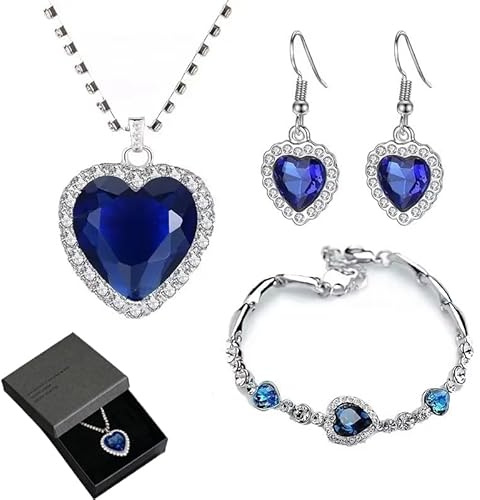 fdsmall Titanic Heat Halskette Ohrring Armband Set Herz des Ozeans Schmuckset Saphir Herz Anhänger Forever Love Titanic Geschenke mit Tasche
