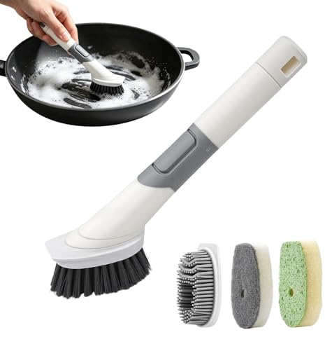 Vibrivio Cepillo Limpieza, Cepillo de Cocina con dispensador de detergente, Cepillo de Cocina Multifuncional rellenable con 4 Cabezales Intercambiables de 25 cm, para Fregar Platos, Ollas o Sartenes