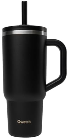 QWETCH Thermobecher Travel Cup Isotherm 900ml Wasserdicht mit umklappbarer Strohhalm – Isolierbecher aus recyceltem Edelstahl mit Henkel – Hält 48h Eiskalt / 12h Kalt – Isolierbecher – Flasche