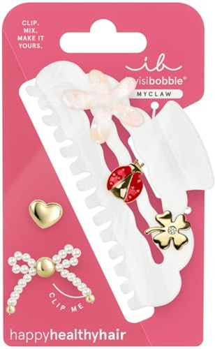 Goldene Haarklammer Damen mit Herz, Schleife & Blume - Invisibobble MyClaw Full of Charms perlmuttweiß - Haarspange Haarschmuck groß XXL elegant mit 5 Anhängern (Marienkäfer, Kleeblatt) - Größe L
