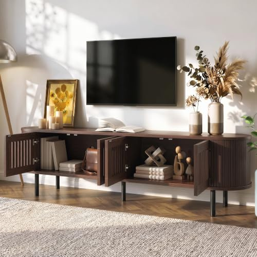 Mueble de TV moderno, mueble bajo para televisores de hasta 75 pulgadas, 4 puertas batientes, adecuado para el salón, dormitorio, valla calada, puerta enrollable curvada, color madera de nogal, 178 x