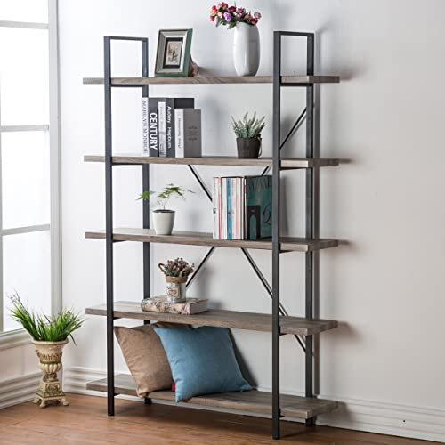 HSH 5 Ebenen Vintage Industrie Rustikal Bücherregal, Groß Hoch Offen Bücherregal, Holz und Metall, Buch Etagere Regal,Grau