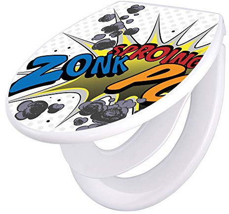banjado Familien WC Sitz mit Absenkautomatik 44,5x37cm / Klodeckel/Klobrille mit Kindersitz aus hochwertigem Polypropylen/Toilettensitz Kindersitz integriert Motiv Comic