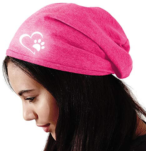 Roughtex Beanie Baumwolle Damen reflektierend leichte Jersey Mütze mit Reflex Druck Hund Gassi Pink Small 25cm