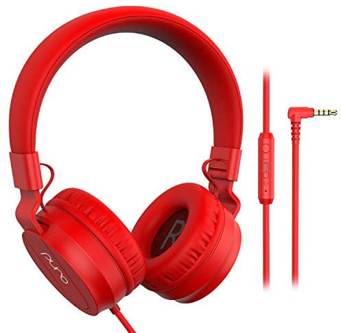 Puro Sound Labs PuroBasic Volume Limiting Wired Headphones for Kids, Foldable & Adjustable Headband w/Microphone, Compatible with Smartphones, Tablets and PC’s (Red)