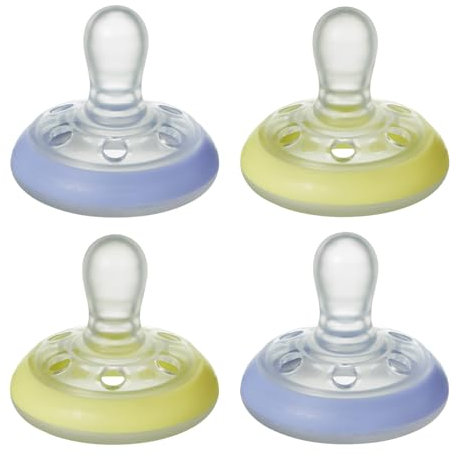 Tommee Tippee Closer to Nature natürlich geformter Beruhigungssauger für die Nacht, 0-6 Monate, 4er-Pack, gelb und blau