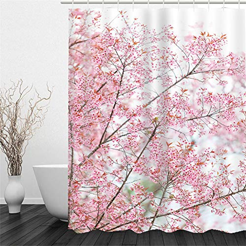 Chickw11 Tende da Doccia in Tessuto Antimuffa, 3D Stampa Tenda da Doccia Impermeabile Poliestere Lavabile Tenda da Bagno con 12 Ganci Tende per Vasca da Bagno (Fiore di ciliegio Rosa,200x240cm)