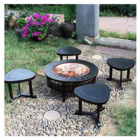 Feuerstellen 32-Zoll-Lagerfeuer Pit Hocker Set, Holzofen Feuerschale, Grill Mit Mesh Funken Sieb Abdeckung Gitter Poker