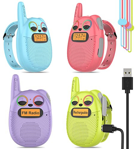 QNIGLO Q136 Talkie Walkie Enfants Rechargeable 4Pc, avec Radio FM, 2-5Km Portée Clignotant LED Yeux,Talkie-Walkie Montre Portable,Camping et Course,Jouet Cadeau pour Enfants(4Couleur)