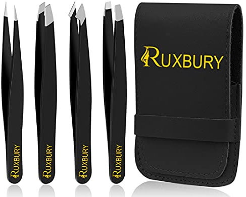 Ruxbury Pinzette 4er Set Rostfreier Stahl Pinzette Augenbrauen zupfen für Männer und Frauen Professionelle Augenbrauenpinzette mit schwarzer Beschichtung und einem Lederetui