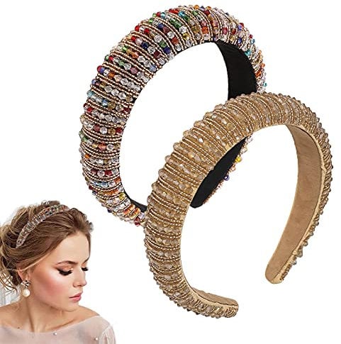 2 Stück Kristall-Strass-Stirnbänder, Perlen, breite Haarbänder, Imitation Diamant verziert, Haarreifen, Party, Hochzeit, Kopfschmuck, Glitzer, dick gepolstert, Haar-Accessoires für Frauen und Mädchen