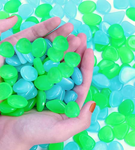 300 Stück Bunt Leuchtsteine Kieselsteine Aquarium Deko Leuchtende Steine Leuchtkiesel Floureszierende Pebble Steine für Terrarium Garten Gehwege Terrasse Rasen Kinderzimmer Dekor Pflanzen,Blau+Grün