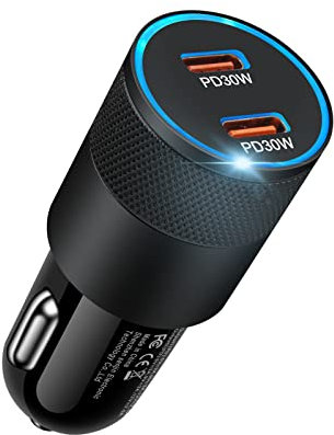 Kfz Ladegerät USB C, AILKIN 60W Dual PD 3.0 Port Zigarettenanzünder USB Ladegerät Schnellladung Auto Ladegerät für Samsung Galaxy S25 Ultra/S24/S23/S22/S21/A16/A15/A14/A55/A54/A35, iPhone 16 Pro/15/14