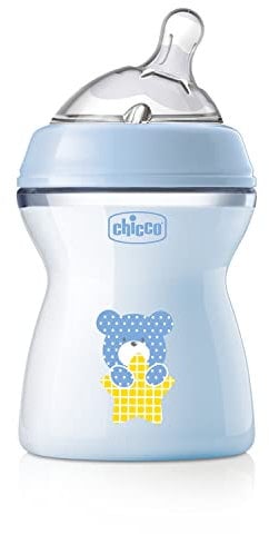 Chicco Natural Feeling Biberon Anticolica 2 Mesi + da 250 ml, Biberon con Tettarella in Silicone Morbida e Flessibile, Adatto per Allattamento Misto, Flusso Medio, Colore Azzurro