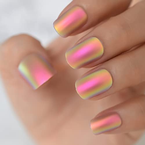 Rainbow Chrome Fake Nails Short Squoval Glossy Gorgeous Press On Nails Full Cover Shiny Fingernail Tips 24 CT