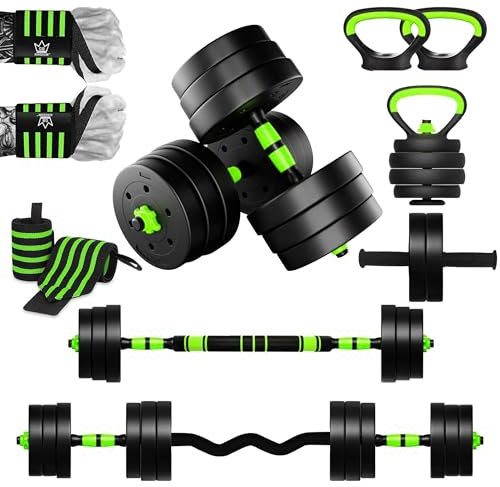 RiVo-Fit 20kg 6in1 Dumbbells Weights Set Adjustable Dumbbell Weight Workout Exercise Training Barbell Kettlebell Push ups Ab Roller Fitness Hand Wraps
