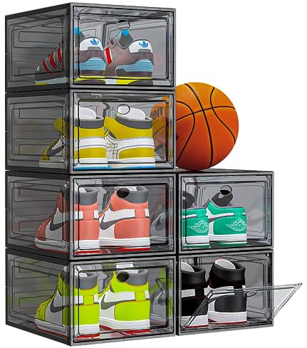 【Thicken & Sturdy】Clear Shoe Storage Organizer with Magnetic Door, Stackable Shoe Storage Boxes for Closet, Foldable Space-Saving Shoe Rack for Sneaker Boot Container, Plastic Shoe Box 6 Pack, Black
