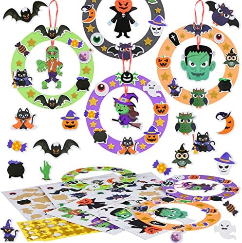 WEDNOK 8tlg Halloween Kranz Basteln Kinder Gruseliges Moosgummi Bastelset DIY Fledermaus Kürbis Zombie Spinne Hexe Eule Mix & Match Kreativsets zum Basteln und Dekorieren zu Halloween Karneval Herbst