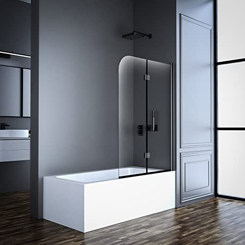 Goezes Duschwand 2-teilig für Badewanne, 110x140cm Schwarz faltbar Duschwand Badewannenaufsatz Duschtrennwand Duschabtrennung für Badewanne mit 6mm Nano Glas