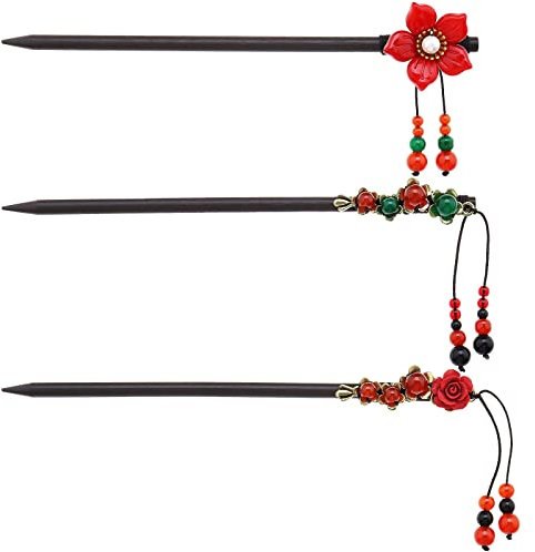 3pcs Épingle à Cheveux en Bois Fleurs Bâtons de Cheveux Fleur Cheveux Baguettes Vintage Gland Cheveux Baguettes Accessoires pour Femmes Filles Dame