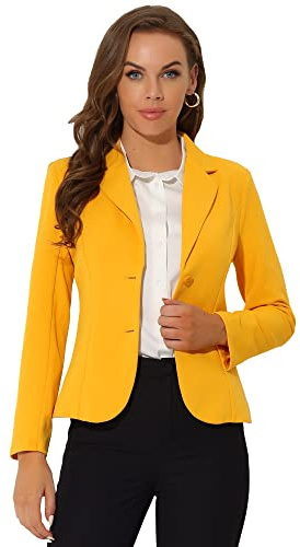 Allegra K Blazer Donna Casual Slim Giacche da Abito Collo con Revers Elasticizzata Ufficio Lavoro Giallo M