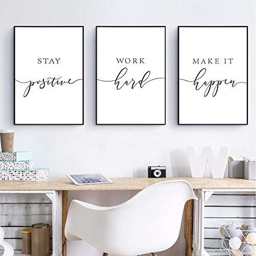 Dittelle Stay Positive Quote Print Work Hard Make it Happen Motivational Wall Art Canvas Painting Black White Poster Wall Decor 70x100cm-3Pieces Frameless
