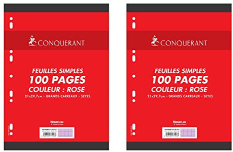 CONQUÉRANT Lot de 2 Feuilles Simples A4 Seyès 100 Pages 80g Grands Carreaux Sous Film Roses