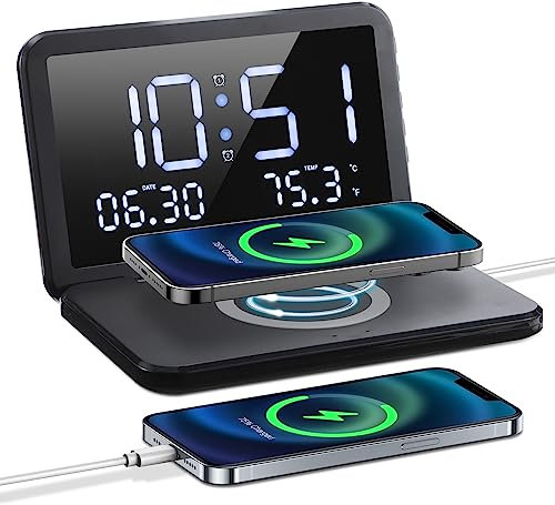 zerotop Wireless Charging Alarm Clock, Digital Alarm Clock Foldable Mirror Surface Bedside Clock with USB Charging Port Date Calendar Temperature 12/24H Brightness Adjustment for Home Bedroom (Black)