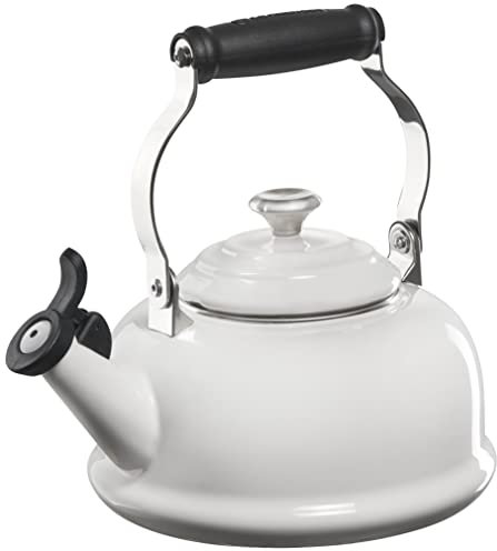 Le Creuset Enamel On Steel Whistling Tea Kettle with Metal Finishes, 1.7 qt., White