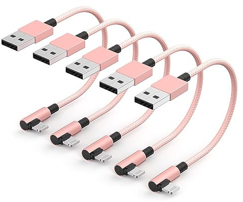 [Apple MFi Certified] Short iPhone Charging Cable 7 Inch 5 Pack, 90 Degree Lightning Cable Nylon Braided Short USB to Lightning Cord for iPhone 14 13 12 11 Pro Max SE 2020 XS XR X 8 7 6 iPad, Pink