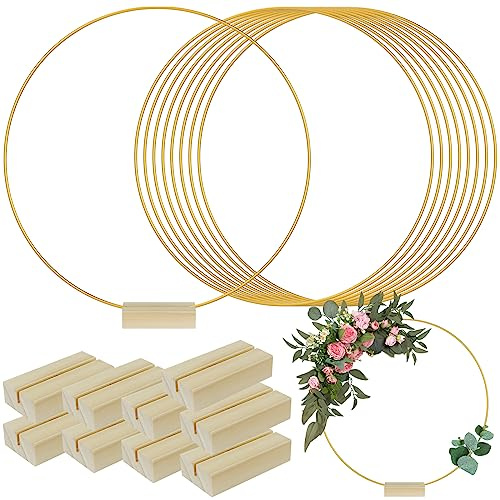 Eummy 10Pcs 30cm/12inch Metal Floral Hoop Centerpiece for Table Metal Wreath Ring with 10 Wood Stands Sturdy Gold Round Macrame Hoop Table Decorations for Wedding Party Table Birthday