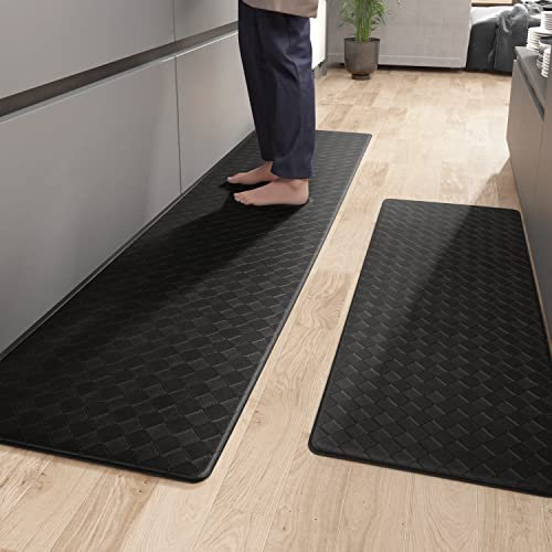 Color G Alfombra Cocina 44 x 75 + 44 x 150 cm, Anti Fatiga Alfombra Cocina Lavable Antideslizante, Cuero Alfombras Cocina Resistente al Aceite, Impermeable para Cocina, Salón, Oficina (Negro)