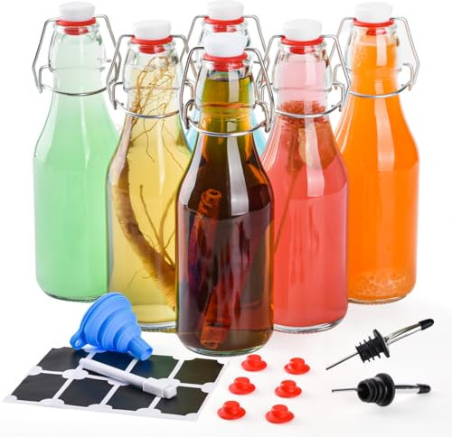 V·Colokishi Lot de 6 Bouteilles en Verre de 250 ml Avec Bouchon à Étrier - Bouteilles à Liqueur et à Remplir - Pour Vin, Lait, Jus, Huile