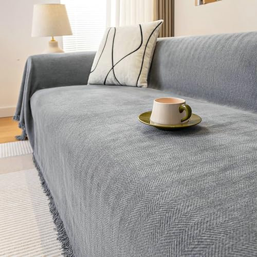 Ayoiow Couchbezug Anti Haar Sofahusse Grau Sofahusse 1 Sitzer Chenille Einfarbiges Fischgrätmuster Mit Fransen