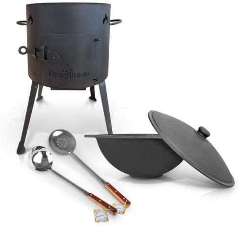 Utschak Feuerofen mit Gusseisen Topf flacher Boden mit Deckel (10 L) Kazan Schöpflöffel 48 cm Schöpfkelle 48 cm KazanoFF, Учаг, Outdoor, Feuerschale, Camping, Kasan, Gulaschkanone Dutch Oven (Set 4)