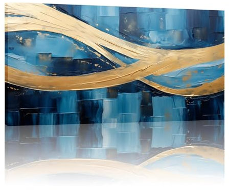 FKKJPJ Art mural abstrait bleu marine et or, tableau moderne en marbre bleu et or, peinture en or bleu blanc, feuille d'or bleue, 70 x 145 cm avec cadre