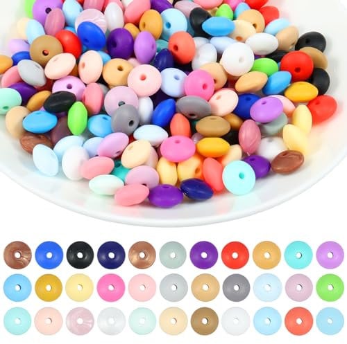 Alongen 240 Pcs Silicone Beads 12mm Silicone Lentil Beads Colorful Focal Beads for Keychain Making DIY Abacus Beads Silicone Loose Beads for Making Bracelet Necklace Jewelry Crafts