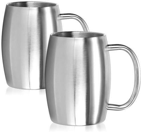COM-FOUR® Chope à Bière XL en Acier Inoxydable - 400 ML - Tasse de Camping à Double Paroi Sans BPA (2 Pièces Couleur Argent - Mat)