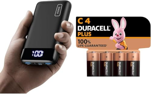 INIU Power Bank, 20000mAh Fast Charging Portable Charger, 22.5W Powerbank with USB C Input & Output & Duracell Plus C Batteries (4 Pack) - Alkaline 1.5V - 100% Life Guaranteed