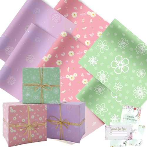 artwelten Premium Geschenkpapier Set – 12 Rollen à 1m x 70cm – Blumen-Design in Grün & Lila – Inkl. Geschenkkarten – Perfekt für Geburtstag, Hochzeit & Feste (Bunt Blumen 12 Rollen)