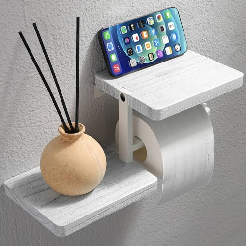 Rustic Farmhouse Toilet Paper Holder with Shelf - Bathroom Tissue Holder&Farmhouse Toilet Roll Holder with Wipes Storage, Weathered White