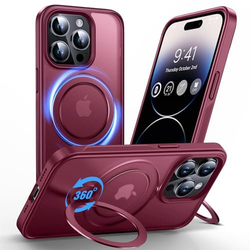 Anqrp 360° ALL-in-ONE Stand Case for iPhone 14 Pro Case with Rotatable Magnetic KickStand Ring Holder, Compatible with MagSafe, Shockproof Translucent Matte Phone Cover for iPhone 14 Pro, Red