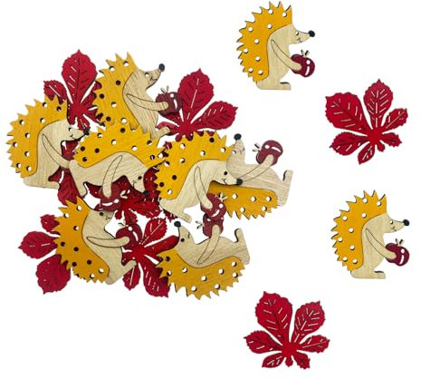 Oblique Unique Herbst Konfetti Igel und Blätter aus Holz als Tisch Dekoration für den Herbst Basteln Kinder DIY