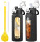 HYDRAGLAZIC 600ml Gourde en Verre,Avec 2 Couvercle Bouteille d'eau Motivation Graduée Pour 1 Journee Avec Marqueur de Temps Housse en Silicone, Sport Gourde Reutilisable, Noir