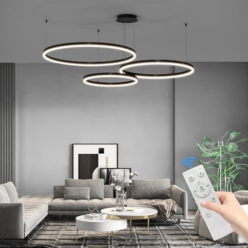 Mikeru Moderner Led Pendellampe, Wohnzimmerlampe 30+40+60CM Verstellbare Runde Pendelleuchte, 100w 3-Ring Kreisförmige Led Hängelampe Mit Memory-Funktion 10%-100% Dimmbarer Kronleuchter Kücheninsel