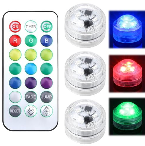 3 Pack Submersible LED Lights with Remote Control,Small Waterproof LED Lights,Colour Changing Flameless LED Battery Tea Lights,Battery-Operated Mini LED Light suitable fish tank,Holiday Decorations