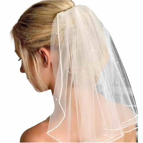 1 Pcs Bridal Veil Hen Party Pearl Veils Wedding Vails Women's White Ivory Short Veils with Comb for Brides Shower Hen Party Chucky Costume Dress Up Gift Halloween Girls First Communion