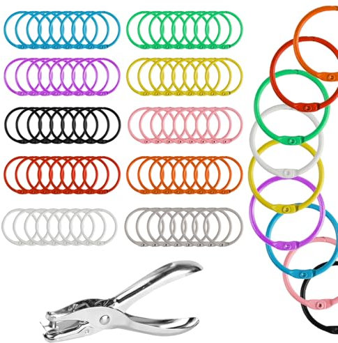 80 STK Buchringe, 30mm Buchbinderinge Metall, Loseblatt Verbinder Ringe, Bunt Karteikarten Ringe, Bücher Ringe Heftringe, Lose Blatt Buch Ringe für Scrapbook Fotoalbum Handwerk, mit 1 x Locher