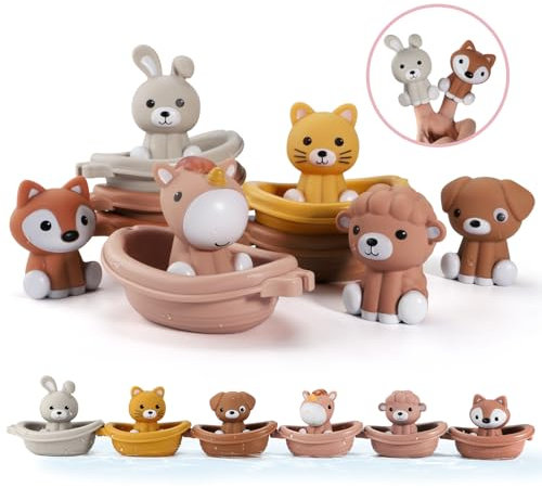 Nueplay Girls Bath Toys for Toddlers 1-3 Years | 12 Pcs with Animal Finger Puppets & Stacking Boat Train| New Baby Girl Gift Set