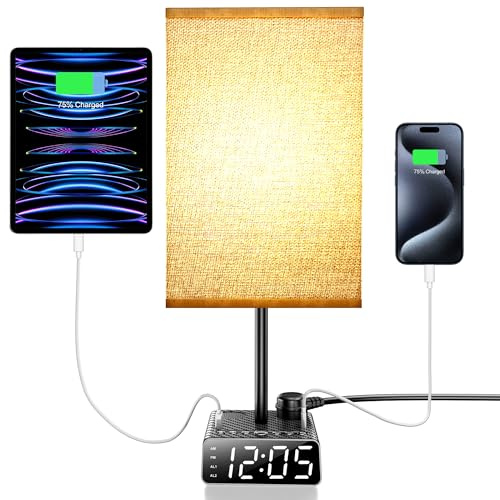 ZONV Nachttisch-Licht mit Touch-Steuerung, Nachttischlampe mit Wecker und Ladestation, 2 Wecker + 2 AC + 1USB-A + 1USB-C, Lampen mit USB-Anschlüssen und Steckdosen, 3-stufige dimmbare Touch-Lampe